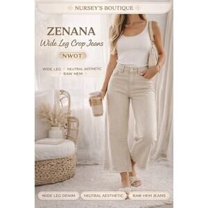 Zenana Beige Wide Leg Jeans Raw Hem Cropped Stretch Denim S NWOT
